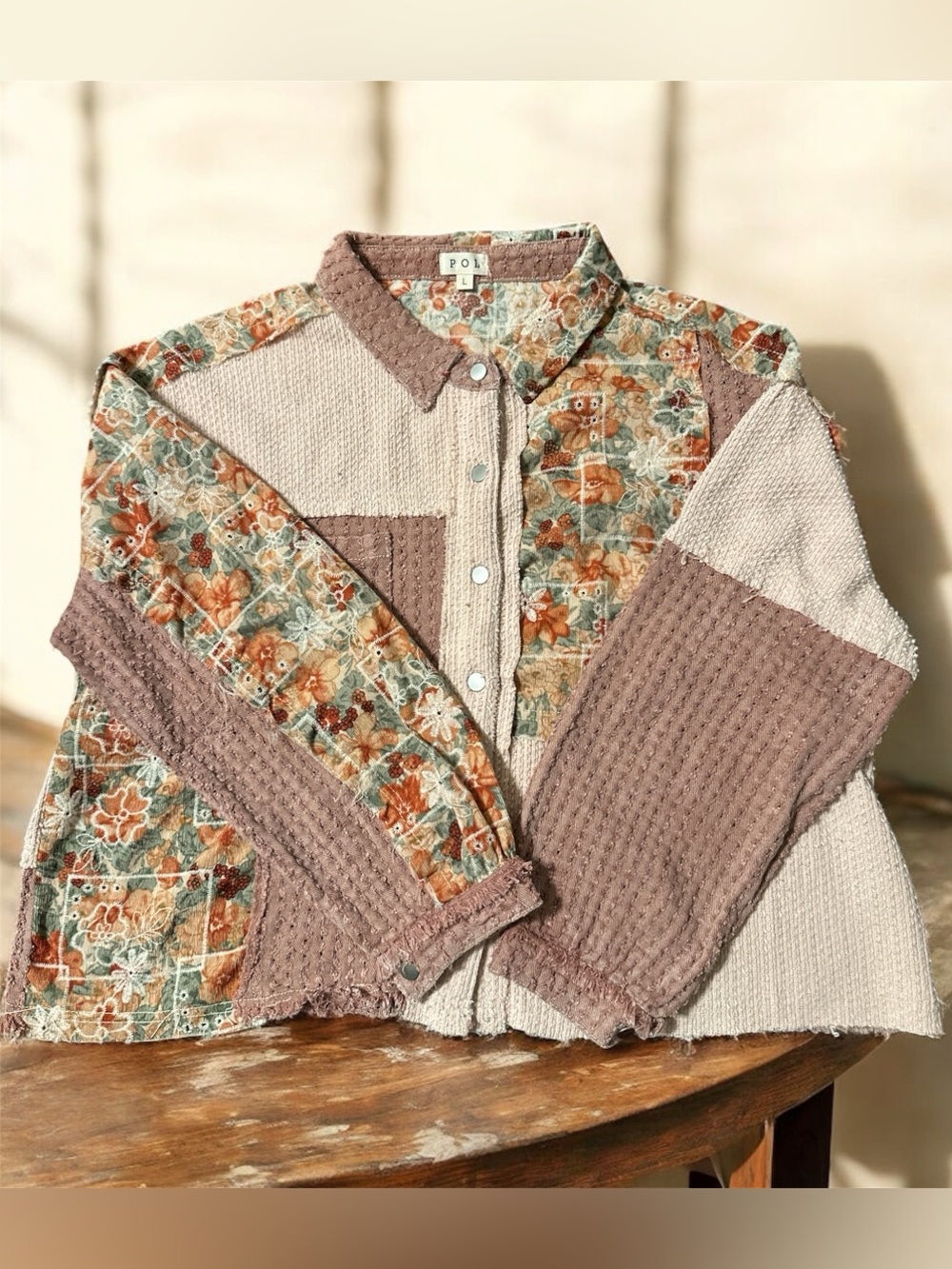 POL Patchwork Floral Quilted Button-Up Jacket in Mauve, Cream & Teal